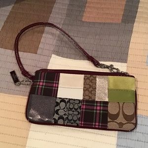 Coach Wristlet Patchwork Canvas Burgundy Leather